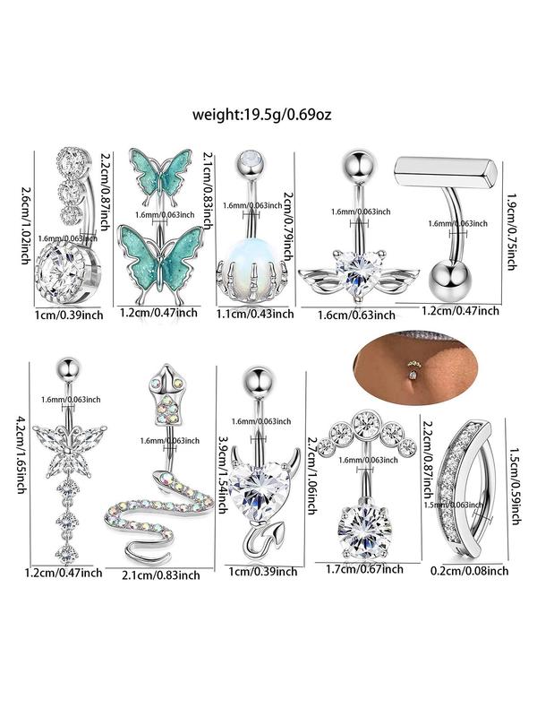 Women's Spring Luxury Rhinestone Butterfly & Snake Shape Belly Ring As Gift, 2024 New Style Body Piercing Body Jewelry Set, Classic Belly Button Rings Accessories for Daily Wear Back To School