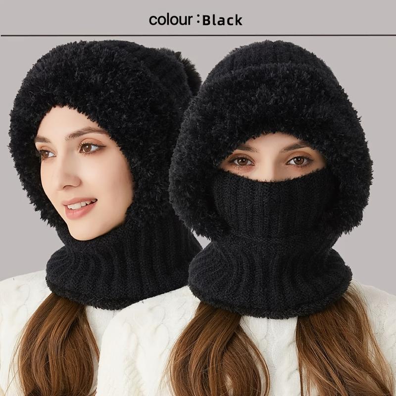 Winter Fleece Lined Knitted Hat with Ear Covers 3 in 1 Winter Hat Scarf Mask Set Windproof Warm Hooded Neck Warmer for Outdoor Cycling