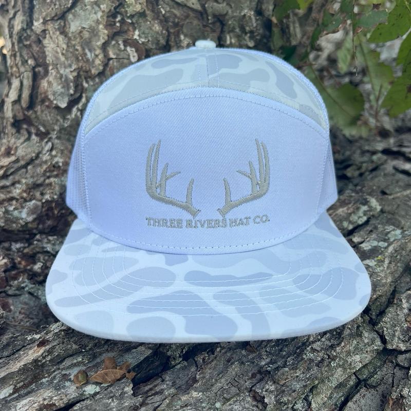 Classic Whitetail Rack-Old’s Cool Sneaux - Flatbill 7 panel Snapback - White with Silver Embroidery