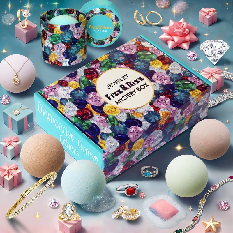 Fizz & Rizz Jewelry Mystery Box With Random Diamonds, Gems, Rings Necklaces, Earrings, Bracelets - Perfect for Birthdays, Weddings, Friends and Party Gifts - Luxury Jewelry Mystery Box with Bath Bomb Reveal