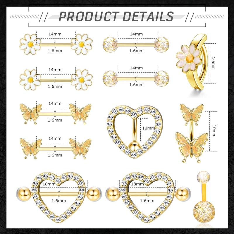 ORAZIO 14G Nipple Rings for Women Surgical Steel Belly Button Ring Butterfly Daisy Flower Nipple Barbells CZ Heart Curved Navel Rings 12 PCS Nipple Piercings Jewelry Set