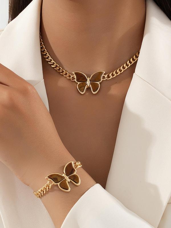 Women's Elegant Butterfly Design Pendant Necklace & Bracelet, Fashion Jewelry for Party Clothing Decor, Trendy All-match & Exquisite Jewelry for Birthday Gift