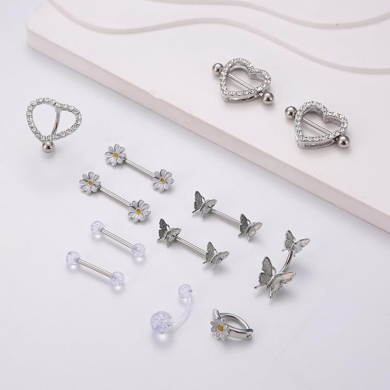 ORAZIO 14G Nipple Rings for Women Surgical Steel Belly Button Ring Butterfly Daisy Flower Nipple Barbells CZ Heart Curved Navel Rings 12 PCS Nipple Piercings Jewelry Set