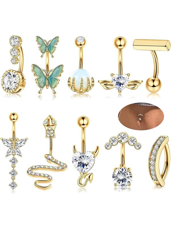 Women's Spring Luxury Rhinestone Butterfly & Snake Shape Belly Ring As Gift, 2024 New Style Body Piercing Body Jewelry Set, Classic Belly Button Rings Accessories for Daily Wear Back To School