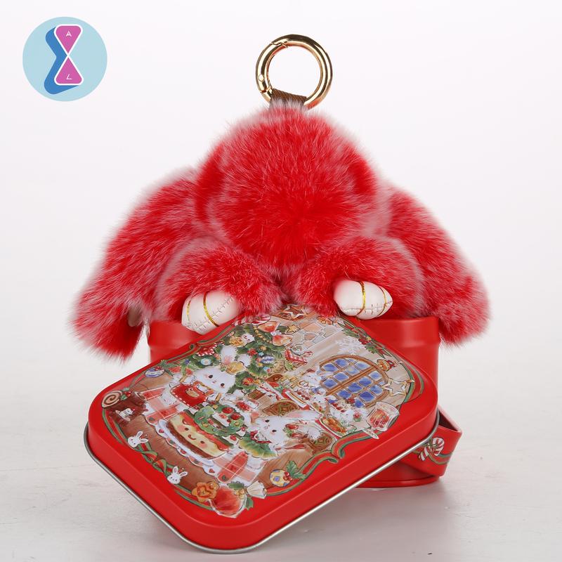 Bunnylulu Handmade Fluffy BunnyPomPom Keychain with Designed Tin Box,Gifts for Christmas present,woman key perfect gift fashion keychain,gifts for mom