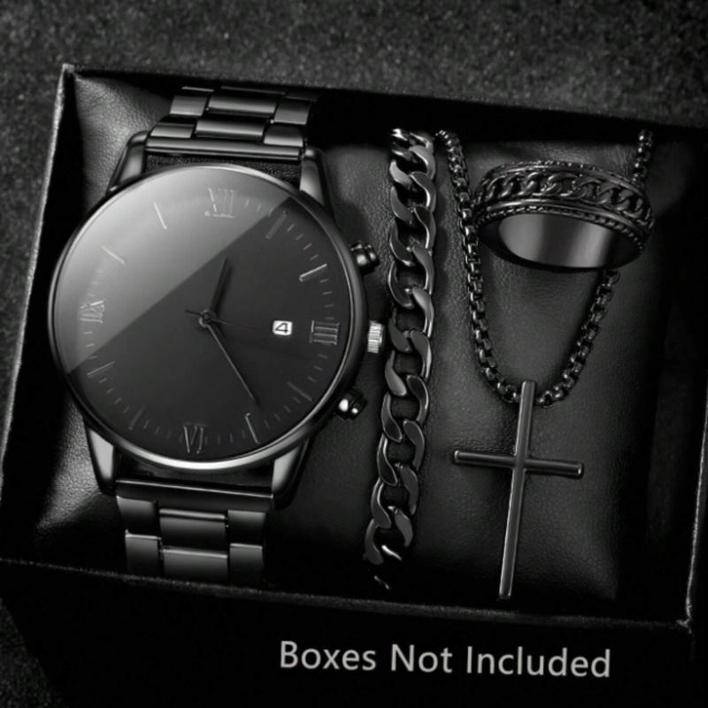 4pcs Men's Quartz Watch Set With Calendar Function - Non-Waterproof Black Zinc Alloy Case & Bracelet, Round Dial, Electronic Drive & Pointer Display, Including Cross Pendant Necklace & Ring