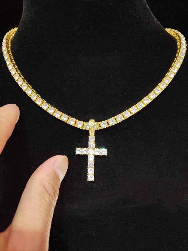 Y2k 2024 Hip Hop Luxury Rhinestone Cross Necklace, Unisex Cuban Link Chain Necklace, Spring Iced Out Jewelry, Streetwear Punk Accessories for Girlfriend Fall