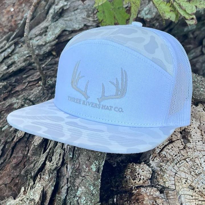 Classic Whitetail Rack-Old’s Cool Sneaux - Flatbill 7 panel Snapback - White with Silver Embroidery