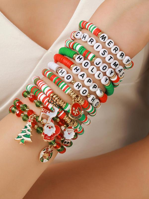 Christmas Themed Beaded Bracelet, Cute Christmas Elements Decor Beaded Bracelet, Fashion Accessories for Women & Girls, Trendy All-match & Exquisite Jewelry for Gift