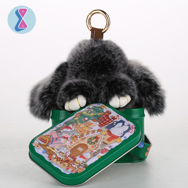 Bunnylulu Handmade Fluffy BunnyPomPom Keychain with Designed Tin Box,Gifts for Christmas present,woman key perfect gift fashion keychain,gifts for mom