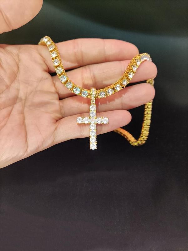 Y2k 2024 Hip Hop Luxury Rhinestone Cross Necklace, Unisex Cuban Link Chain Necklace, Spring Iced Out Jewelry, Streetwear Punk Accessories for Girlfriend Fall