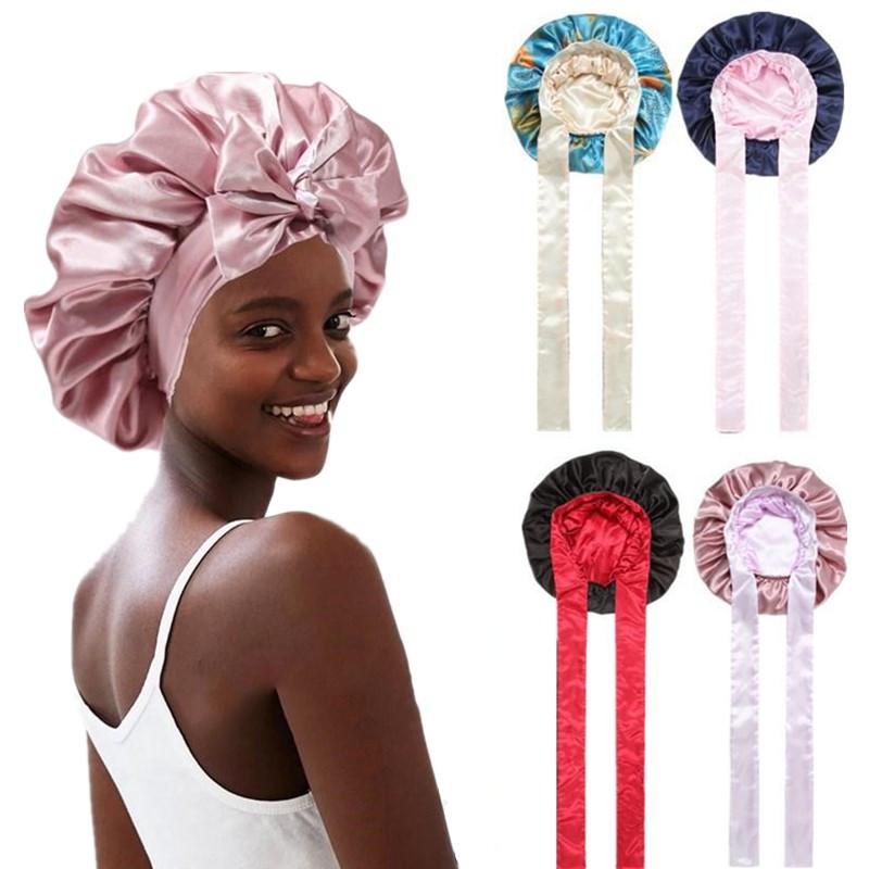 Double-Layer Solid Color Satin Bonnet Silk Like Texture Sleeping Cap for Women Curly Hair Wrap Adjustable Reversible with Tie Band Nightcap Bonnets