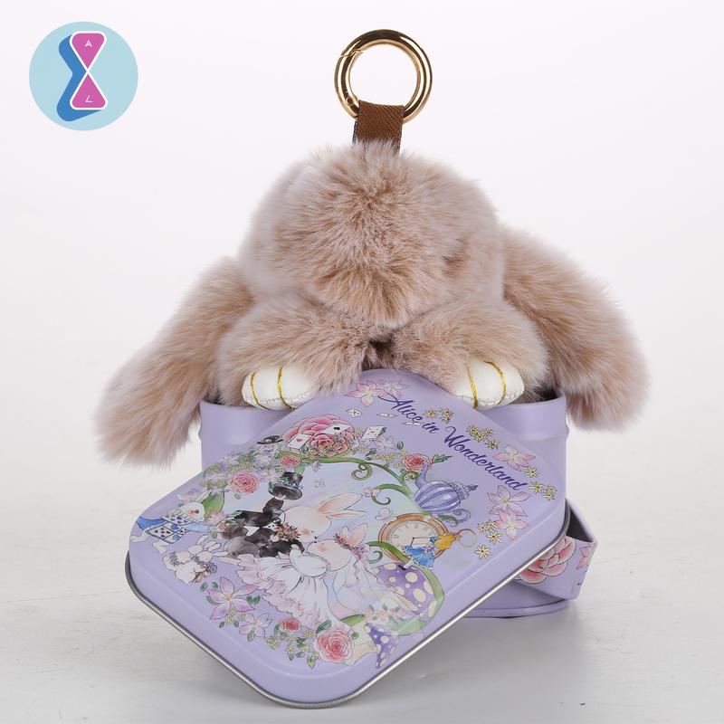 Bunnylulu Handmade Fluffy BunnyPomPom Keychain with Designed Tin Box,Gifts for Christmas present,woman key perfect gift fashion keychain,gifts for mom