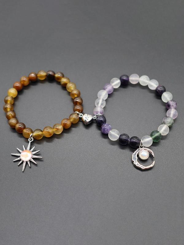 Natural Stone Beaded Bracelet, Moon & Sun Design Magnetic Charm Bracelet for Women & Men, Fashion Accessories for Party, Daily Clothing Decor