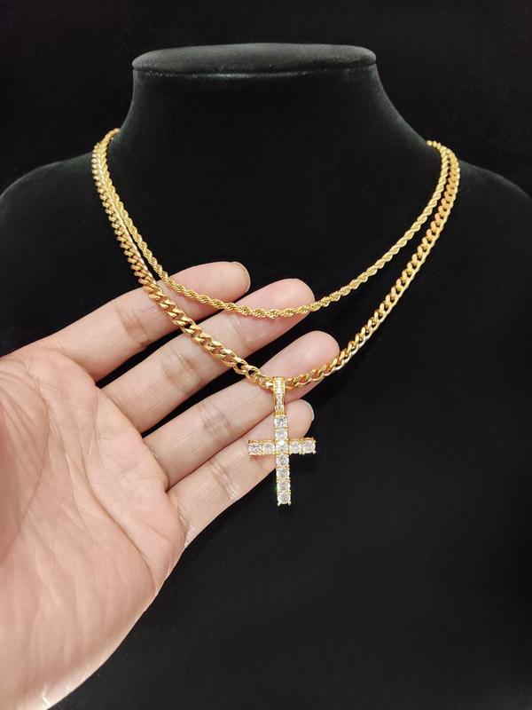 Summer Street Rhinestones Decor Cross Pendant Necklace & Chain Necklace, 2 Counts Trendy Women's Summer Accessories Fall 2024, Matching Chic Necklaces for Anniversary Gift