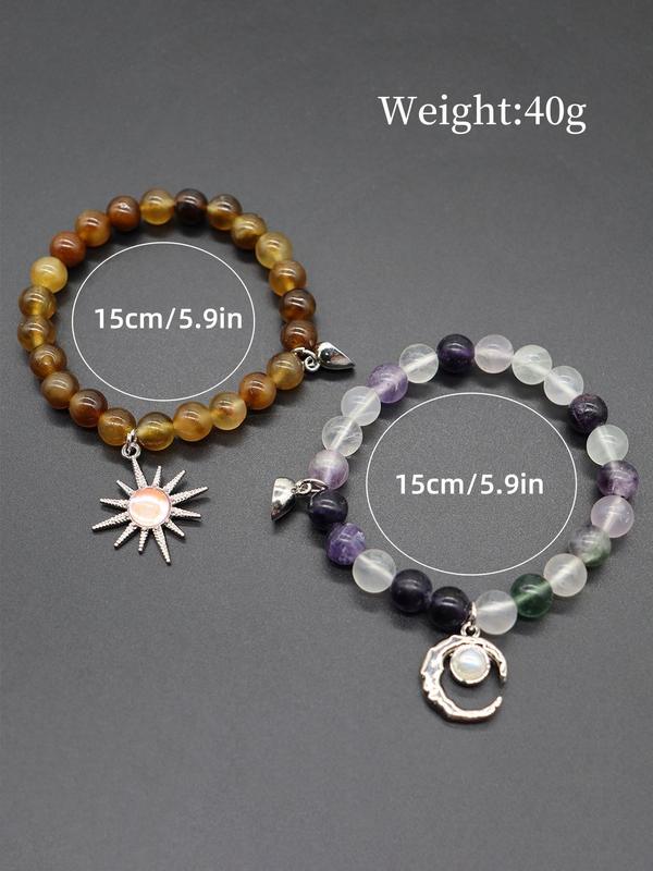 Natural Stone Beaded Bracelet, Moon & Sun Design Magnetic Charm Bracelet for Women & Men, Fashion Accessories for Party, Daily Clothing Decor