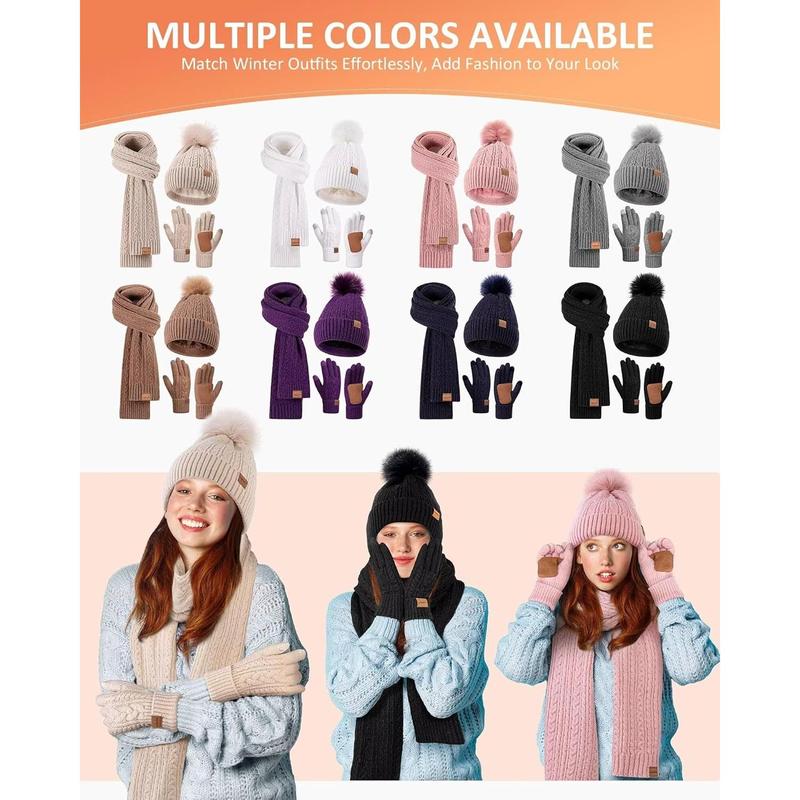 Winter Beanie Hat Scarf Gloves Set for Women, Pom Pom Beanie Fleece Lined Knit  Warmer Touchscreen Gloves 3 in 1 Gift Set