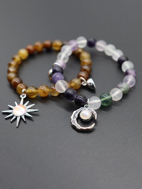 Natural Stone Beaded Bracelet, Moon & Sun Design Magnetic Charm Bracelet for Women & Men, Fashion Accessories for Party, Daily Clothing Decor