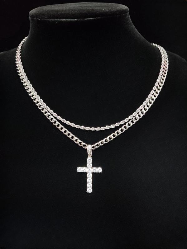 Summer Street Rhinestones Decor Cross Pendant Necklace & Chain Necklace, 2 Counts Trendy Women's Summer Accessories Fall 2024, Matching Chic Necklaces for Anniversary Gift