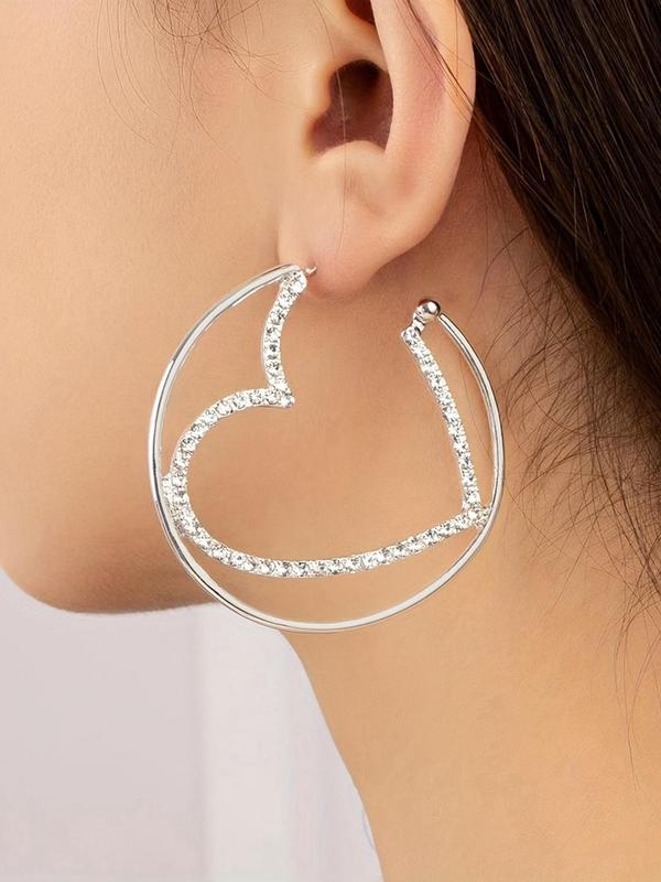 Rhinestone Decorated Heart Design Hoop Earrings, Elegant Fashion Zinc Alloy Jewelry for Women, Evening Party Accessories