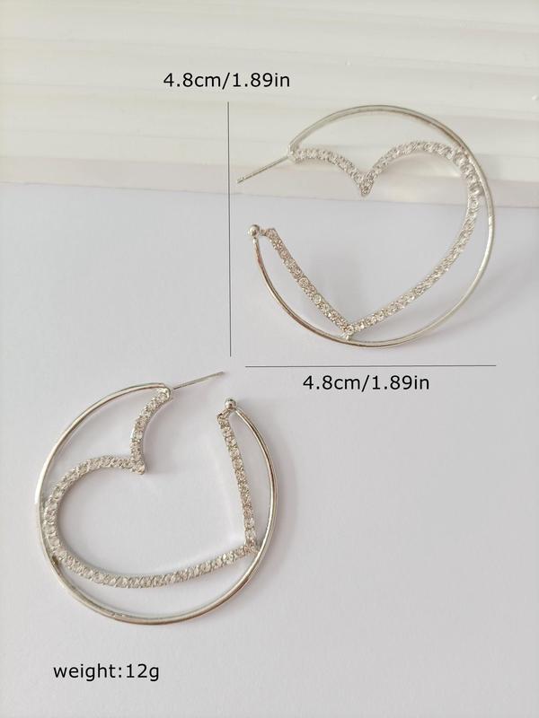 Rhinestone Decorated Heart Design Hoop Earrings, Elegant Fashion Zinc Alloy Jewelry for Women, Evening Party Accessories