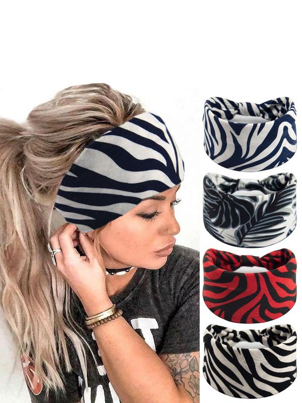 Zebra Stripe & Leaf Print Ruched Sports Hair Band, 4 Counts Breathable Sweat-absorbing Elastic Hair Band, Hair Accessories for Women & Girls