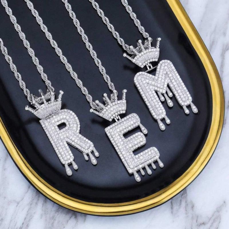 Hip Hop Style Crown & Initial Pendant Necklace for Men and Women, Personalized Gift with 22 24 Inch Chain