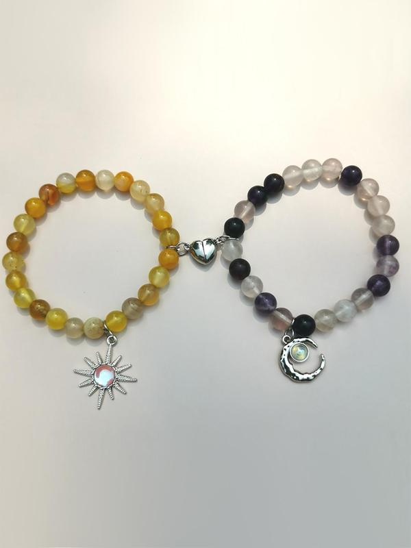 Natural Stone Beaded Bracelet, Moon & Sun Design Magnetic Charm Bracelet for Women & Men, Fashion Accessories for Party, Daily Clothing Decor