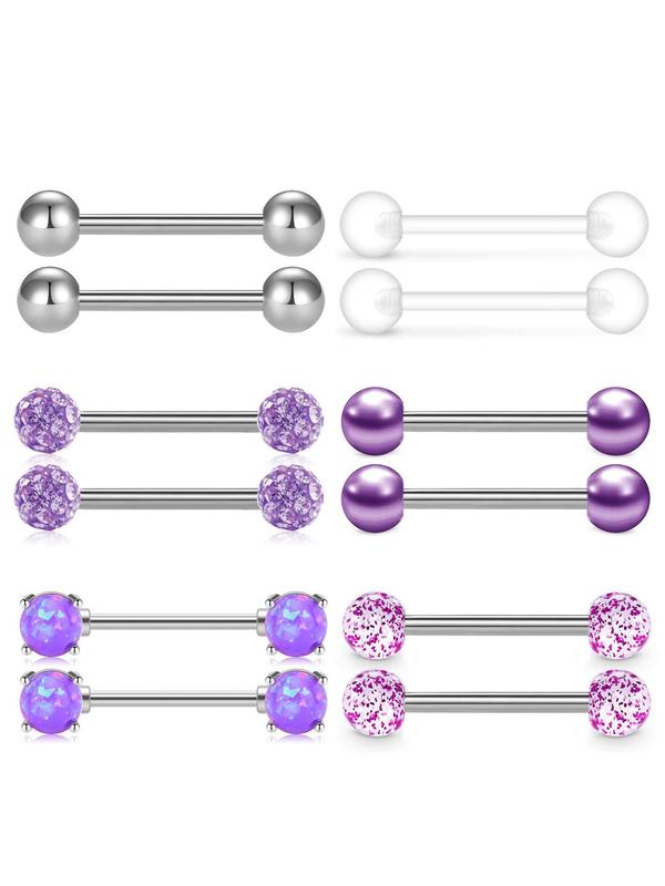 Mixed Style Rhinestone Decorated Tongue Studs Nipple Studs, 12pcs Stainless Steel Body Piercing Jewelry, Fashion Body Jewelry for Women & Men