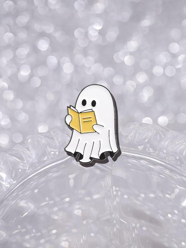 Cute Ghost Reading Book Design Brooch, Halloween Themed Alloy Badge for Daily Clothing Decor, Trendy All-match & Exquisite Brooch for Birthday Gift