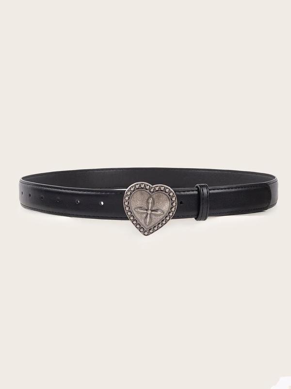 Women's Heart Decor PU Buckle Belt, Vintage Rivet Studded Embossed PU Leather Belt, Gothic Jeans Pants Waistband