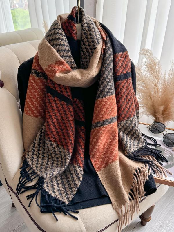 Women's Plaid Pattern Tassel Decor Shawl, Casual Soft Warm Thick Scarf for Fall & Winter, Fashion Accessories for Daily Wear