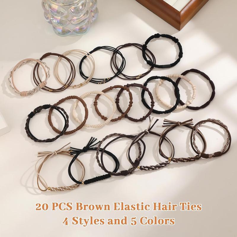 20 PCS Boho Hair Ties for Thick or Thin Hair, 5 Styles Ponytail Holders, No-Damage, Neutral Color