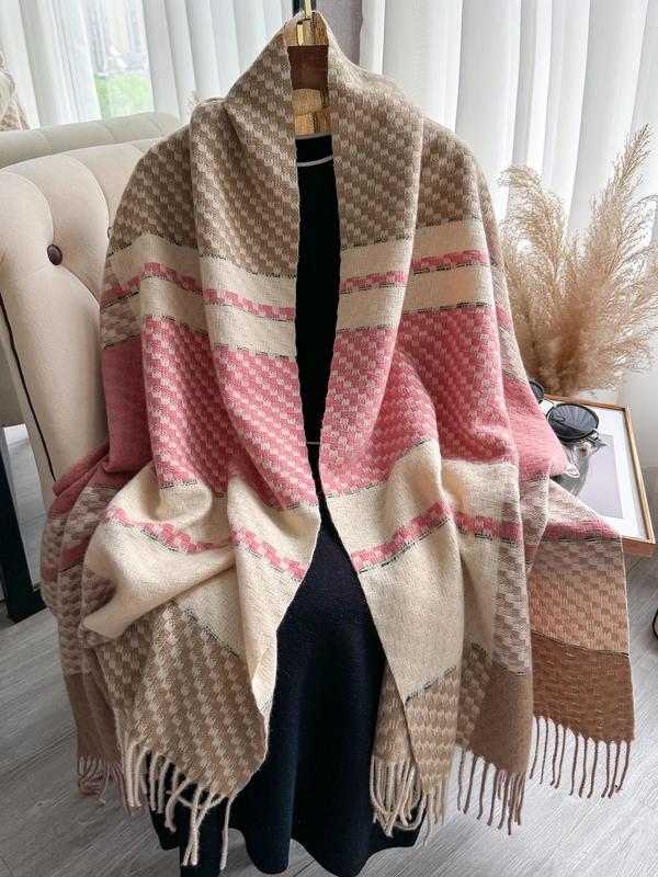 Women's Plaid Pattern Tassel Decor Shawl, Casual Soft Warm Thick Scarf for Fall & Winter, Fashion Accessories for Daily Wear