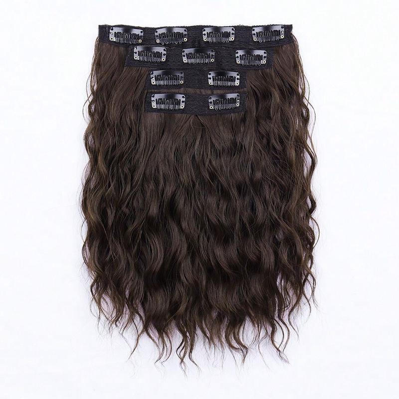 4pcs Short Water Wave Curly Clip-In Hair Extensions, Brown Ombre Synthetic Hair Pieces for Volume and Length, Ideal for Daily Wear