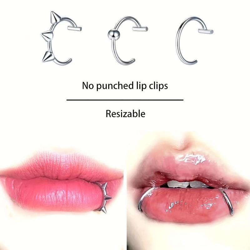 Hip Hop Style Stainless Steel Clip On Nose Ring Set - Fake Lip Piercing Jewelry Decoration