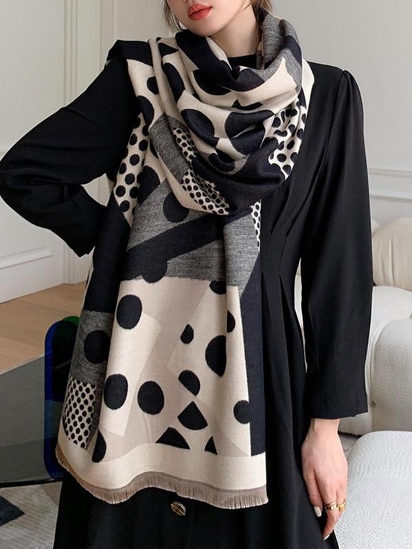 Women's Polka Dot Pattern Tassel Detail Scarf, Casual Soft Warm Shawl for Fall & Winter, Fashion Accessories for Daily Wear