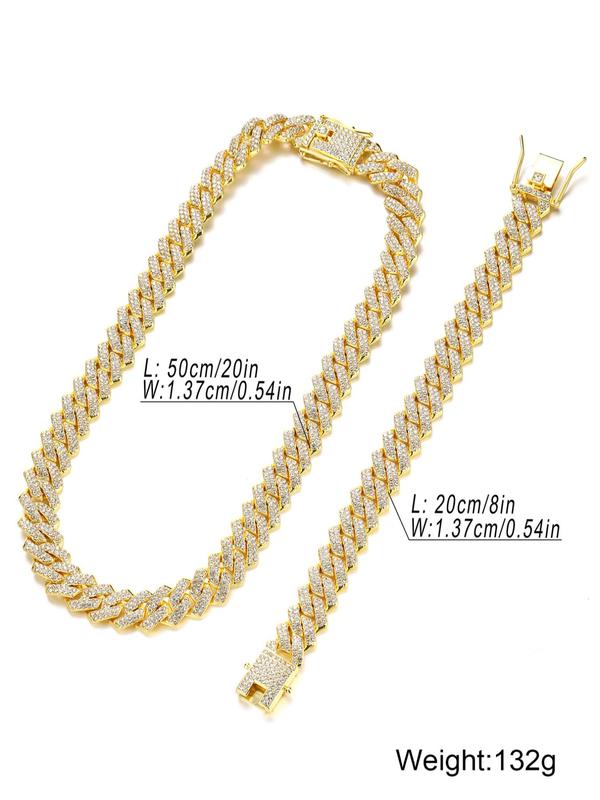 Punk Style Rhinestone Decor Cuban Chain Necklace & Link Bracelet, 2024 New Style Boys & Girls, Hip Hop Chunky Curb Chain Jewelry Set, Unisex Clothing Decor