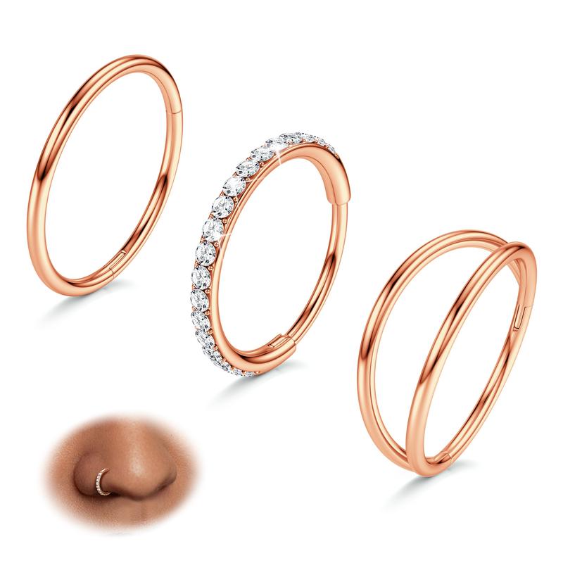 BodyBonita 3 Counts 316L Surgical Steel Double Hoop Nose Rings -16G 18G 20G Nose Rings Hoops Hinged CZ Septum Lip Rings Clicker Conch Piercing Jewelry  Helix Rook Tragus Daith Cartilage Earring  Gold Silver Black Rose Gold 7mm 8mm 9mm 10mm