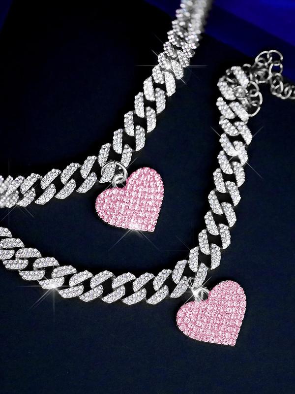 Rhinestone Decor Heart Design Pendant Necklace & Bracelet, Fashion Iced Out Jewelry Set for Party, Daily Decor, Trendy All-match Hip Hop Jewelry for Birthday Gift