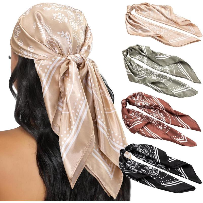 4 Count Head Scarf for Women 35” Head Scarves Silk Like Satin Neck Scarfs Square Bandana Hair Wraps Scarf for Sleeping,Black, Light Green, Brown, Khaki,Hand Wash