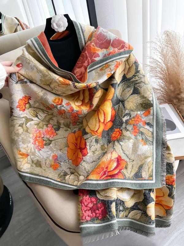 Women's Floral & Butterfly Print Shawl, Elegant Soft Warm Thickened Scarf for Fall & Winter, Fashion Accessories for Daily Wear