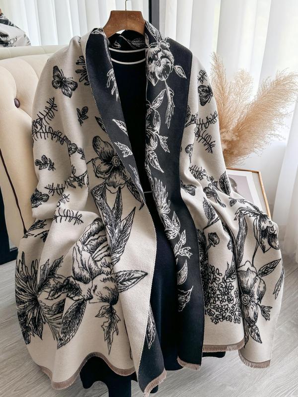 Women's Floral Print Double Sided Shawl, Elegant Boho Style Casual Warm Long Scarf for Fall & Winter, Fashion Accessories for Daily Wear