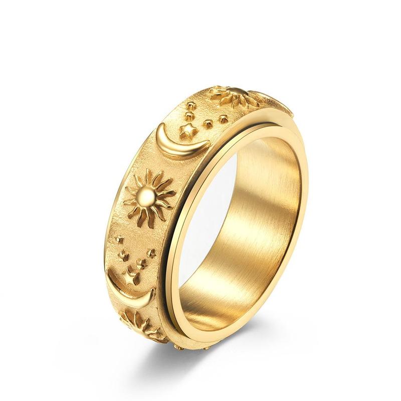 Star, moon and sun titanium steel ring ring can be rotated and moved bohemian style decompression ring Men's Rotatable Bohemian Titanium