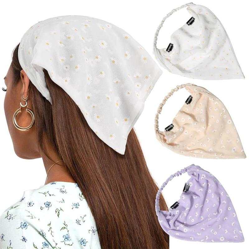 3PCS Set Floral Printed Elastic Hair Scarf Headband Chiffon Head Kerchief Headband Floral Hair Scarves Hair Clips Hair Bandanas