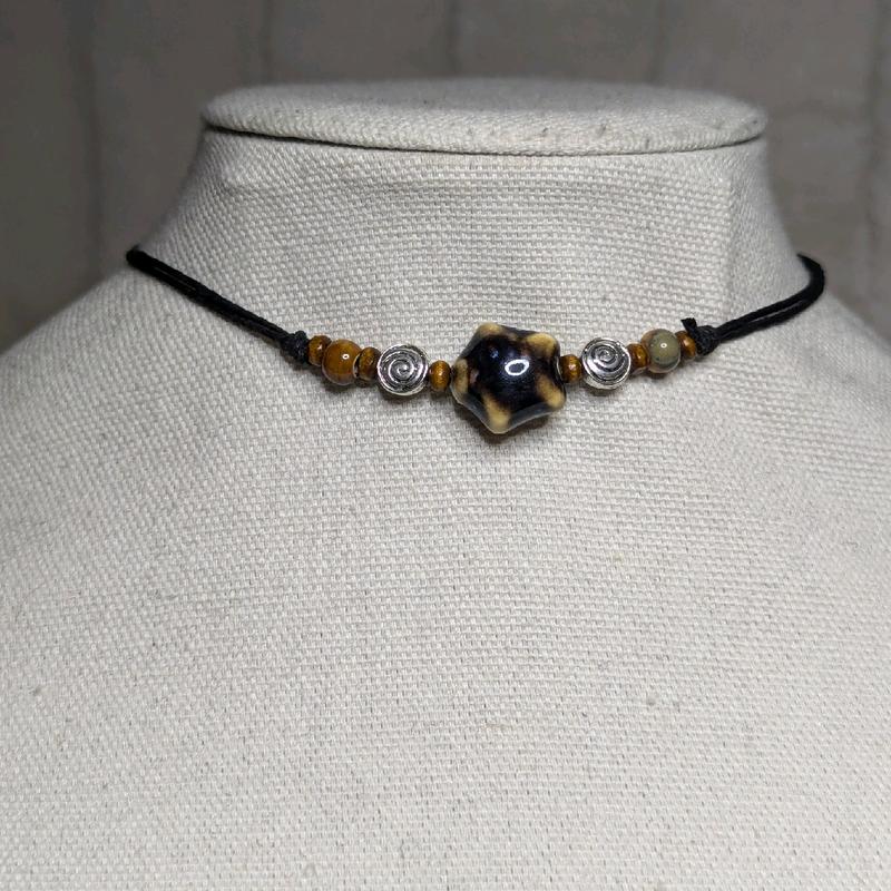 Ceramic Beaded Star Spiral Swirl Y2K Boho Hippie Whimsical Adjustable Black Rope Cord Choker Stacking Necklace jewelry