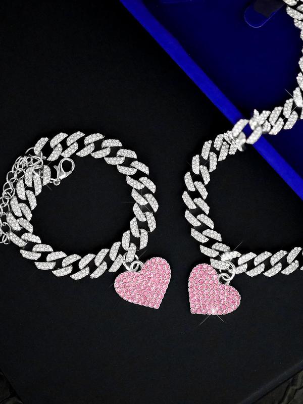 Rhinestone Decor Heart Design Pendant Necklace & Bracelet, Fashion Iced Out Jewelry Set for Party, Daily Decor, Trendy All-match Hip Hop Jewelry for Birthday Gift