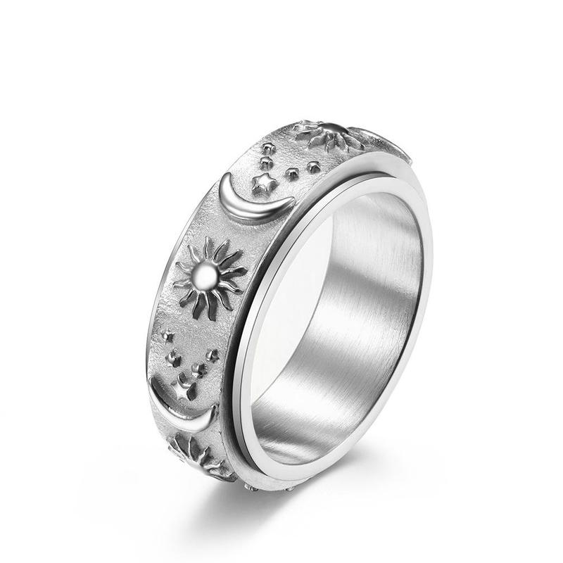 Star, moon and sun titanium steel ring ring can be rotated and moved bohemian style decompression ring Men's Rotatable Bohemian Titanium