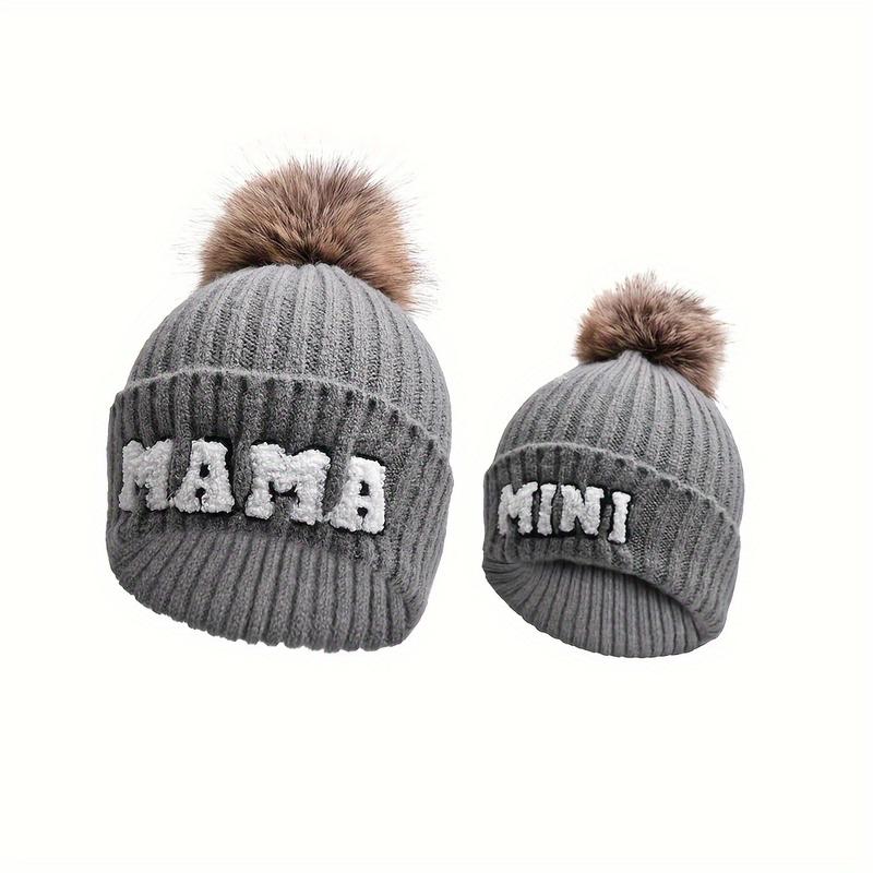 2-Piece Parent-Child Beanie Hats Set - Hats & CapsSoftThickenedKnittedWarmFur BallMama and MiniChristmas GiftWinter Skiing Headwear