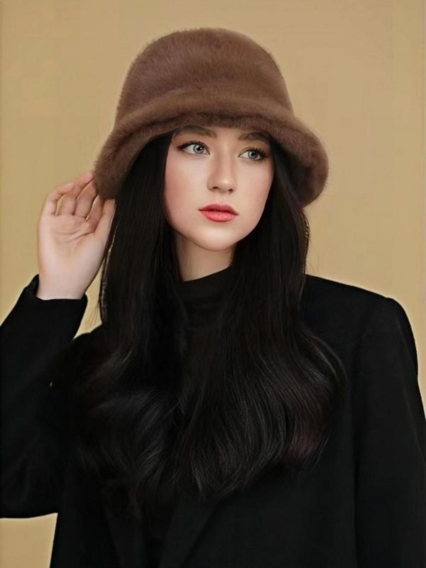 Solid Color Faux Fur Bucket Hat, Casual Thick Windproof and Cold Proof Plush Basin Hat, Cute and Fashionable Princess Style Plush Bucket Hat